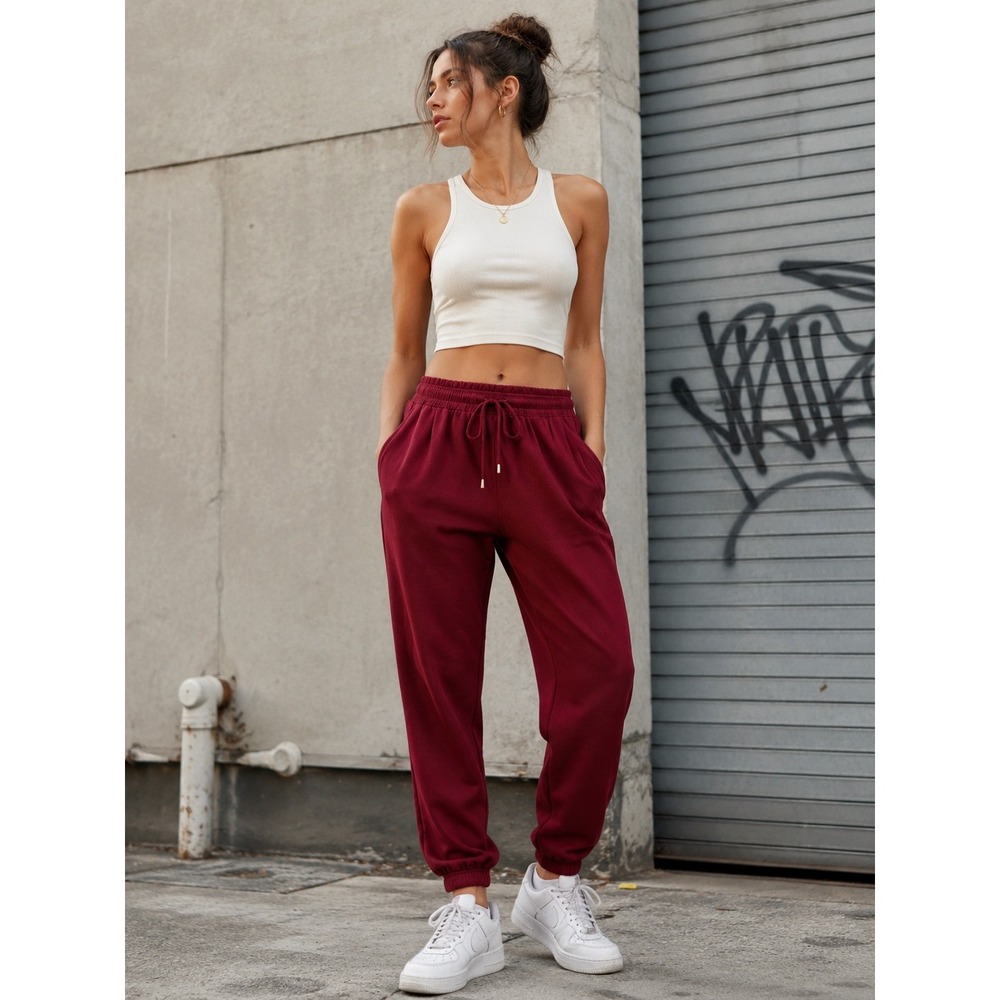 Burgundy High Waisted Drawstring Jogger Pants Women Large Relaxed Fit Streetwear